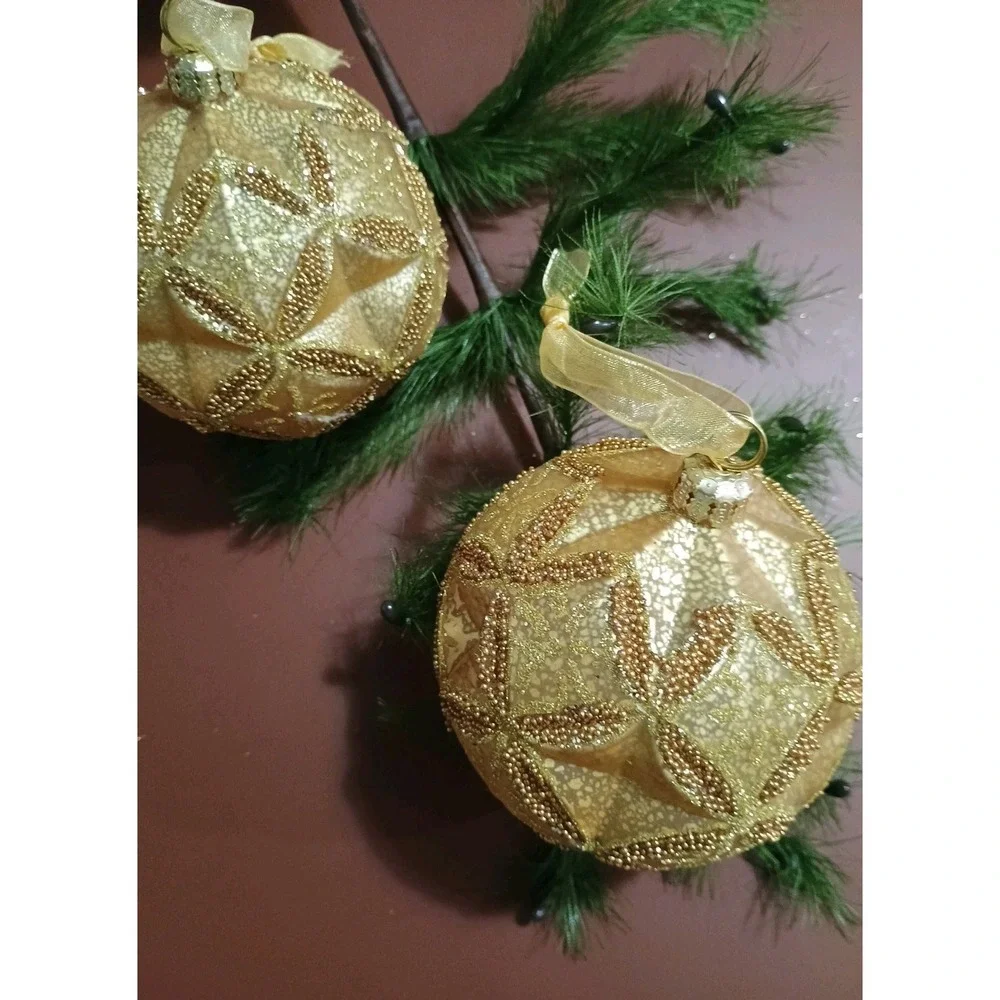 Pair Of Frontgate Large Christmas Gold Glitter‎ Beaded Round Ornaments 4.5